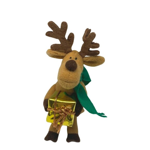 Reindeer Plush Christmas Tree Ornament Holding Gold Gift Box with Green Scarf - Picture 7 of 7